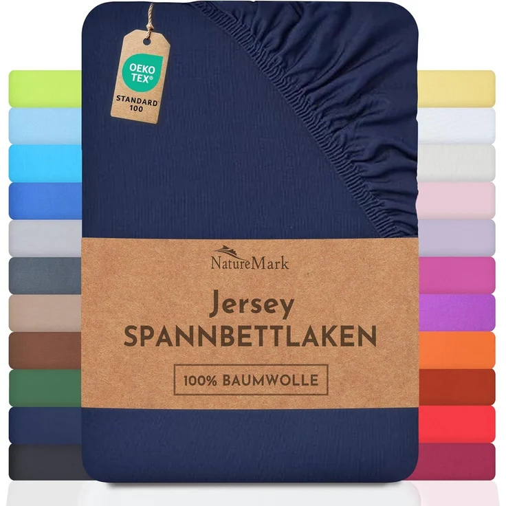 NatureMark Jersey Spannbettlaken, Spannbetttuch 100% Baumwolle in vielen Größen und Farben MARKENQUALITÄT ÖKOTEX Standard 100 | 180x200 cm - 200x200 cm - Navy blau