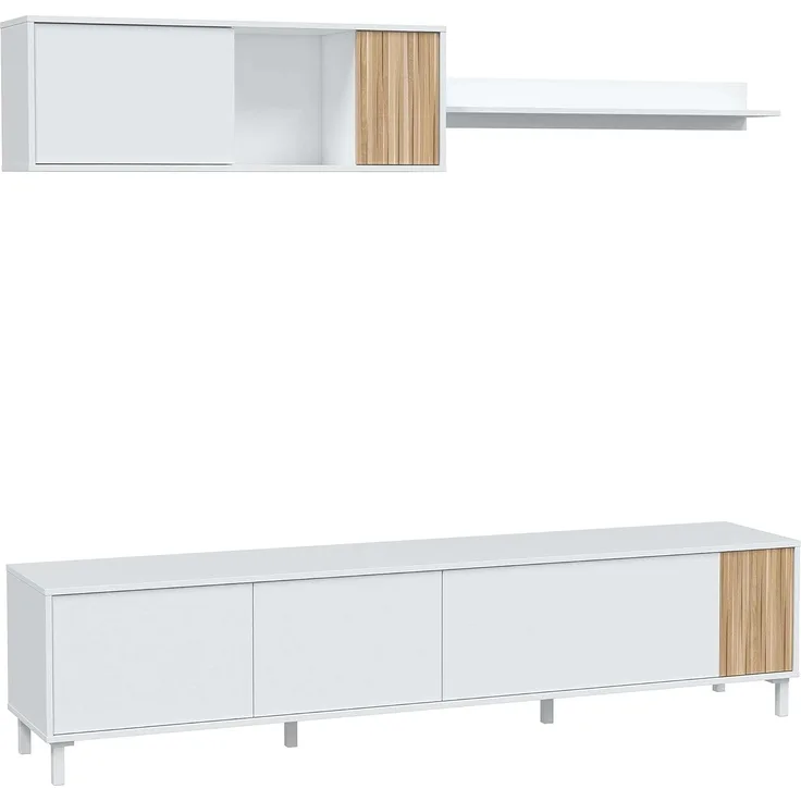 Habitdesign, Wohnzimmermöbel mit großem Stauraum, 5 Drehtüren und 1 Klapptür, in Artik weiß und Natur, moderner Stil für Esszimmer, Maße: 200 x 47 x 40 cm (B x H x T), Modell Ethna