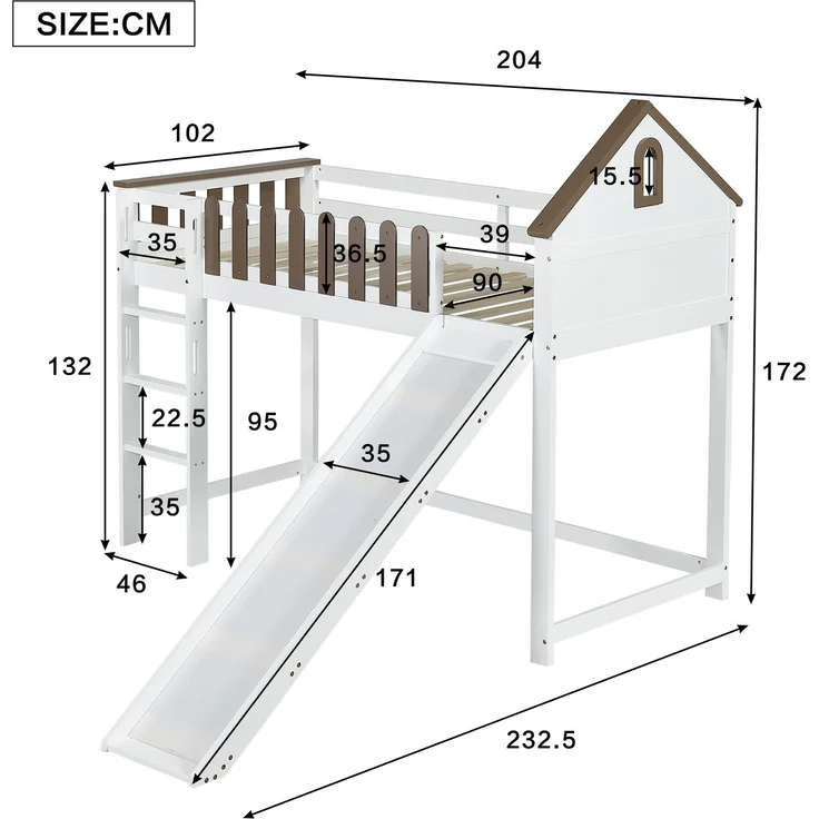 Merax Etagenbett, mit Rutsche, mit Fenster, mit Lattenrost, Holz Weiß+Walnuss, 90x200 cm – Bild 4