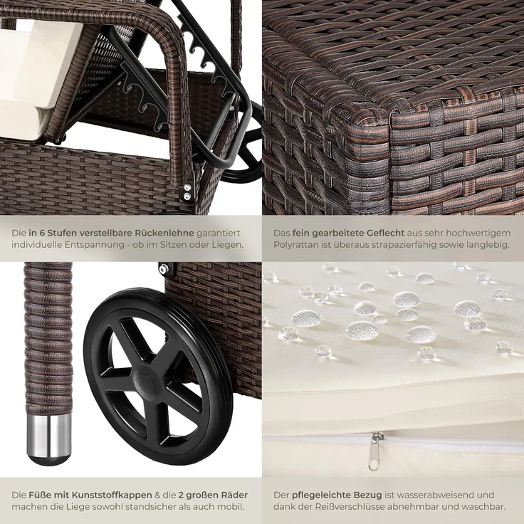 tectake Poly Rattan Gartenliege mit Rollen, 6-Fach höhenverstellbarer Liegestuhl, bis 120kg belastbar, Sonnenliege Rattan (wetterfest), Liege inkl. Polster und Kissen - braun gemischt – Bild 6
