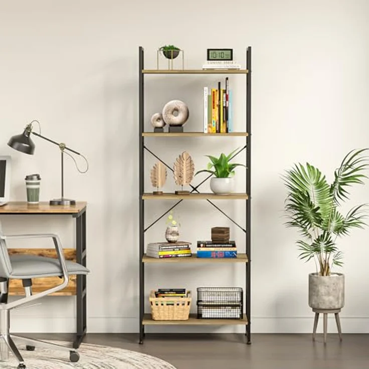 YITAHOME Bücherregal, Standregal mit 5 Ebenen, Hohes Lagerregal mit Metallrahmen, Industrielles Ausstellungsregal, Regaleinheiten, für Wohnzimmer, Schlafzimmer, Homeoffice, Küche, Eichenfarbe Regal – Bild 7