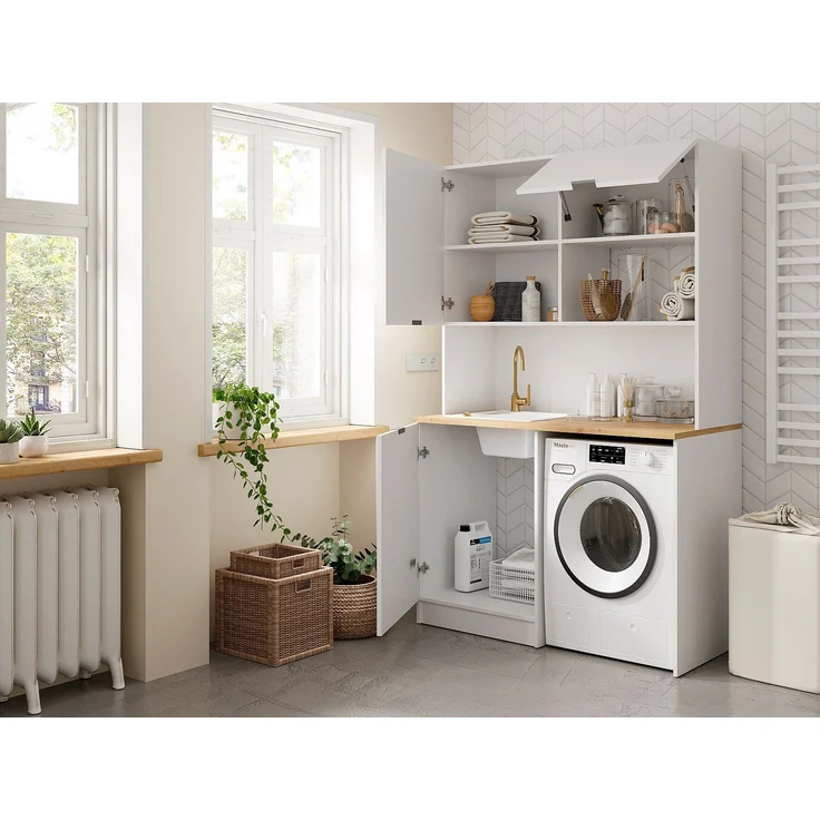 Vente-unique - Multifunktionsmöbel für Küchenzeile & Waschraum - Mit Arbeitsplatte 120 cm - Weiß & Holzfarben - CARMEO – Bild 8