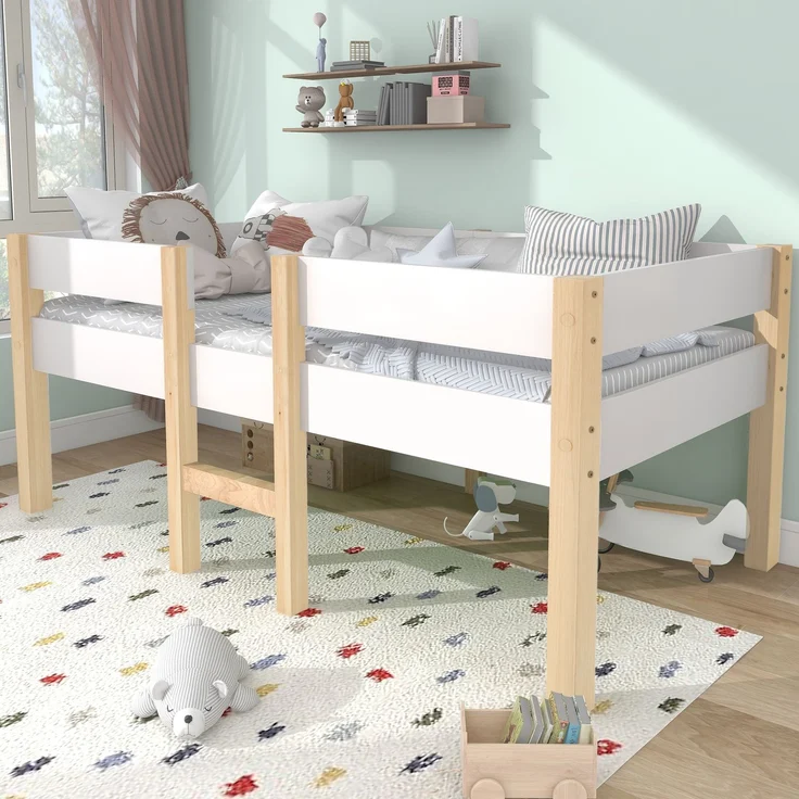 Bett Kinderbett mit Rausfallschutz, Kiefer-Vollholz-90x200 cm-Weiß & Eiche – Bild 10