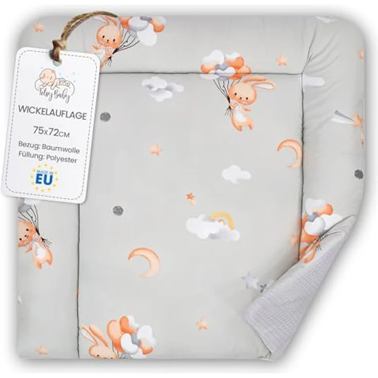 Wickelauflage Wickelunterlage aus Baumwolle 75x72 cm - Weich und waschbar Wickelunterlage für Babys Wickelmatte aus Stoff für Wickeltisch Wickelkommode oder Waschmaschine 75x72 Kaninchen – Bild 2