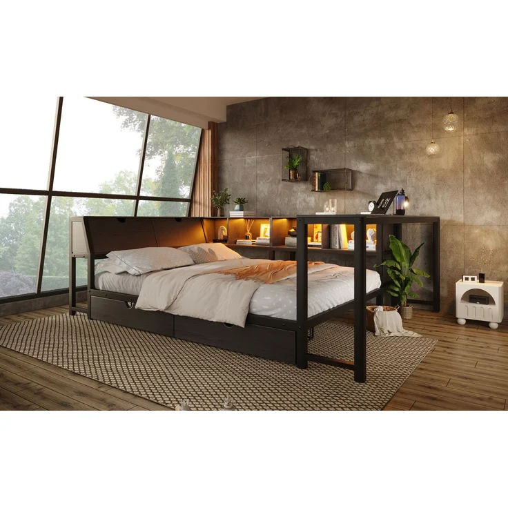 U-life Metallbett 140x200 cm, für Jugendliche, LED-Beleuchtung, Schreibtisch & Schubladen, Multifunktionales bett, MDF, Schwarz – Bild 7