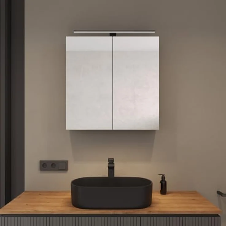 Planetmöbel ARIA Spiegelschrank Bad mit Beleuchtung 70 cm breit | Badschrank hängend mit Spiegel | Gold Eiche, mit Leuchte und Steckdose, Spiegelschrank Gäste WC 70 x 70 x 16 cm – Bild 3