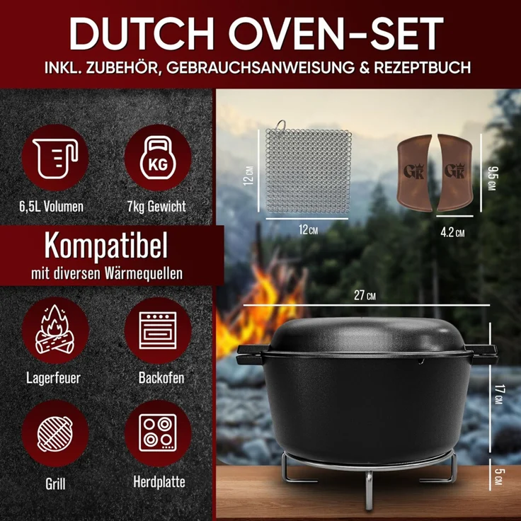 Dutch Oven Set 2in1 5 l aus Gusseisen – mit Ledergriffen, Ringreiniger & Untersetzer, für Grill, Lagerfeuer, Herd & Backofen – Bild 2