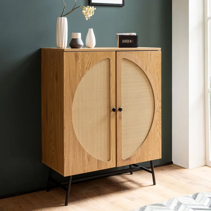 FINEBUY Sideboard FB104655 (80x103x39 cm Anrichte, Eiche-Dekor Rattangeflecht), Kommode Türen Highboard, Hoher Kommodenschrank – Bild 1