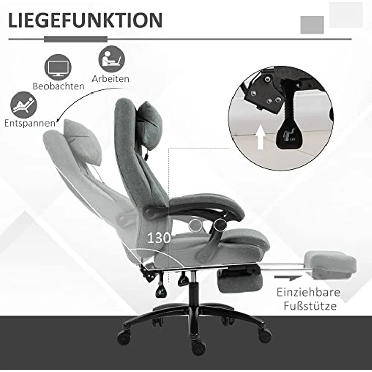 Vinsetto Bürostuhl Massage mit Fußstütze, ergonomisch, höhenverstellbar, 64 x 74 x 109-117 cm – Bild 6
