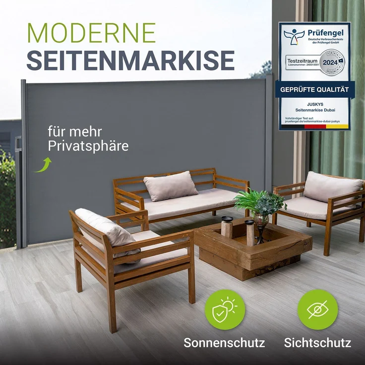 Juskys Seitenmarkise Dubai 300 x 190 cm ausziehbar blickdicht, Sichtschutz für Balkon & Terrasse, Seitenrollo Wandhalterung – anthrazit – Bild 2
