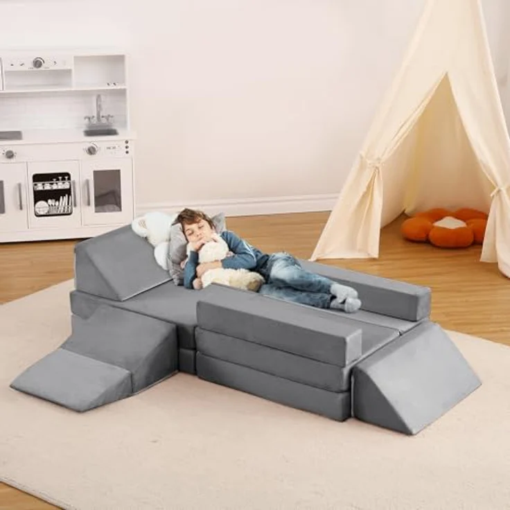 Kindersofa, 12 Stück, Sofa für Kinder mit Schaumstoffblöcken, dick, widerstandsfähig, mit verdecktem Reißverschluss, modulares Sofa, faltbar, Grau – Bild 8
