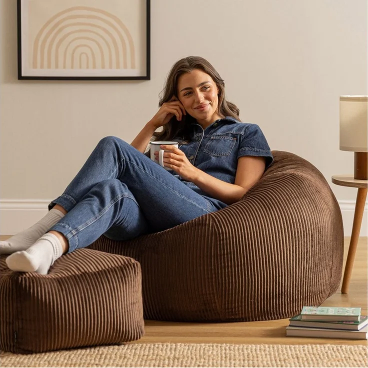 Icon Kingston Sitzsack mit Hocker Cord, Braun, Sitzsack Erwachsene mit Füllung, Bean Bag, Cord Sessel, Lounge Sessel, Lounge Stuhl, Schlafzimmer, Wohnzimmer, Wohnzimmer Möbel – Bild 1