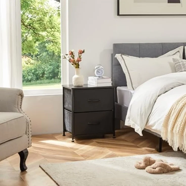 DUMOS Kommode für Schlafzimmer mit 2 Stoffschubladen, hohe Kommode Organizer für Kleidung, Schrank Kinderzimmer, Aufbewahrungsturm mit Schrank, Metallrahmen, Holzplatte, leichte Kinderzimmermöbel – Bild 2