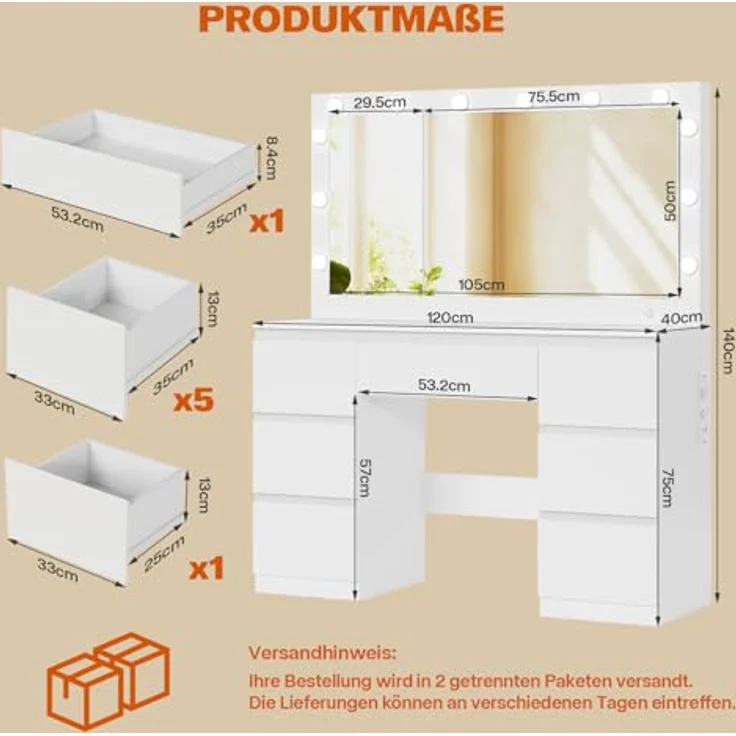 TRIUMPHKEY Schminktisch mit Große Spiege und LED-Beleuchtung, Einstellbarer Helligkeit, 120x40x140cm, Frisiertisch mit 7 Schubladen, Steckdose,Schmuckschrank, Kosmetiktisch für das Schlafzimmer, Weiß – Bild 7