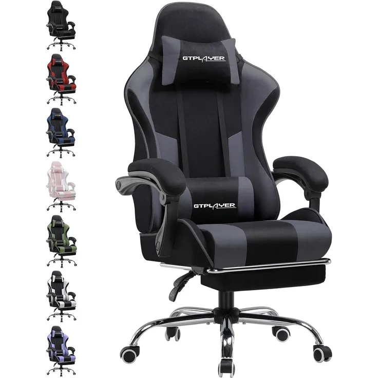 GTPLAYER Gaming Stuhl Stoff, Bürostuhl Massage Gaming Sessel Ergonomischer Gamer Stuhl mit Fußstütze, Kopfstütze Massage-Lendenkissen, Gepolstert Gaming Chair, Drehsessel, grau