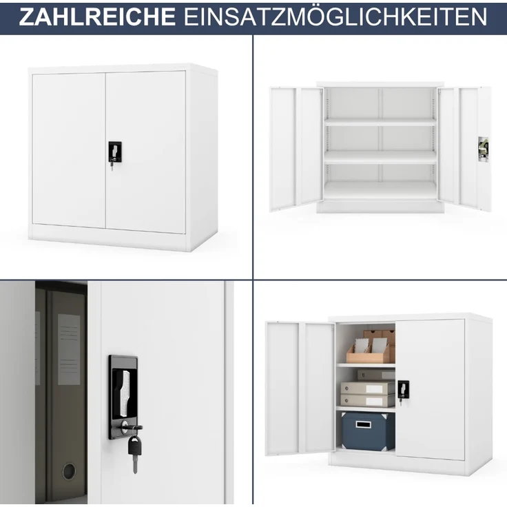 Aktenschrank abschließbar KADO - 3 Ebenen verstellbar, Flügeltüren | Metallschrank Werkstatt Mehrzweckschrank Büroschrank aus Stahl Werkzeugschrank, 93 x 90 x 60 cm Weiß – Bild 6
