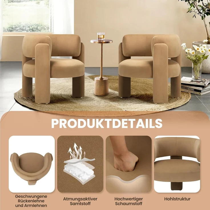 COLAMY Modern Velvet Ohrensessel 2er Set, Gepolsterter Sessel Wohnzimmer, Bequemer Runder loungesessel mit 3 Beinen für Wohnzimmer, Schlafzimmer, Leseecke, Khaki – Bild 3