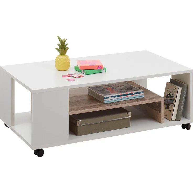 BOLOGNA Moderner Couchtisch auf Rollen in Weiß, Old Style Optik - mobiler Sofatisch mit Ablage für Ihren Wohnbereich - 108 x 40 x 60 cm (B/H/T)