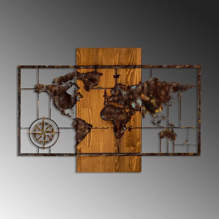Wallity 'World Map With Compass 5' Dekoratives Wandaccessoire aus Holz, Walnuss / Braun, 85 x 58 cm – Bild 4