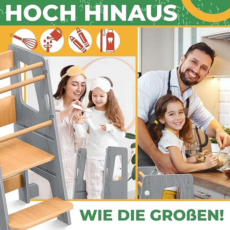 KIDIZ® Lernturm für Kinder ab 1 Jahr inkl. Lernuhr, 3-stufig Höhenverstellbarer Tritthocker aus Kiefernholz, spielerisch motorische Fähigkeiten fördern, Montessori Learning Tower, bis 50 kg belastbar, Grau / Hellbraun, 90 x 40 x 44 cm – Bild 6