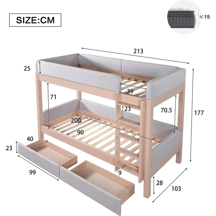 Merax Etagenbett, 90x200cm Kinderbett, Weiche Antikollisions-Schwammkante, Vierstufige gerade Treppe, Mit zwei Schubladen, Stabile Lattenroste, Grau+Natur – Bild 4