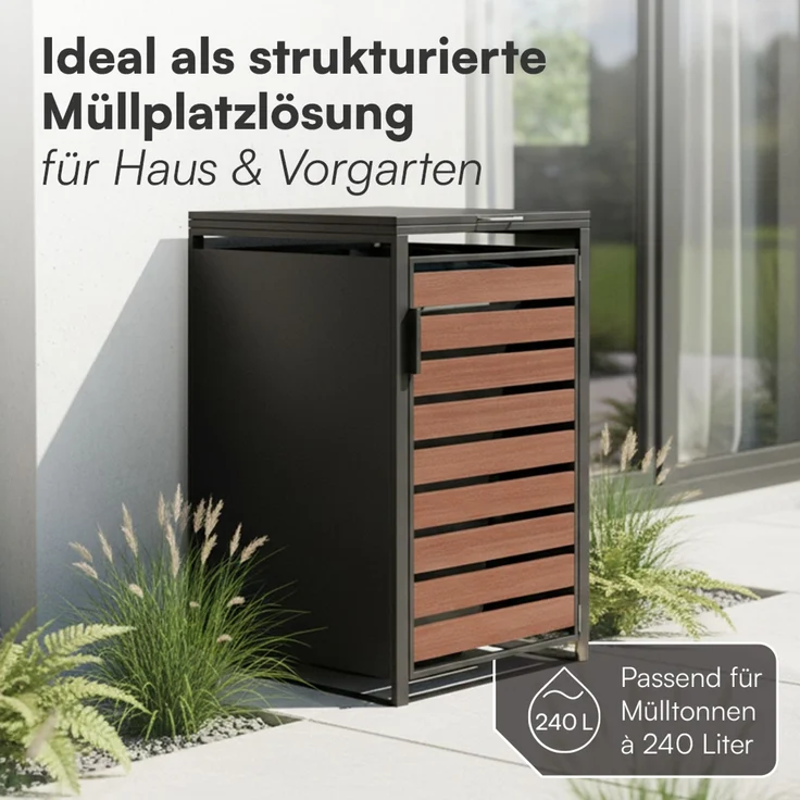 STEELSØN 'Kestra' Mülltonnenbox 1er 240 Liter, graphitschwarz mit Nußbaum-Holzoptik, Mülltonnenverkleidung aus Stahl, wetterfest, 116x80x69 cm, Müllbox für 1 Tonne – Bild 3