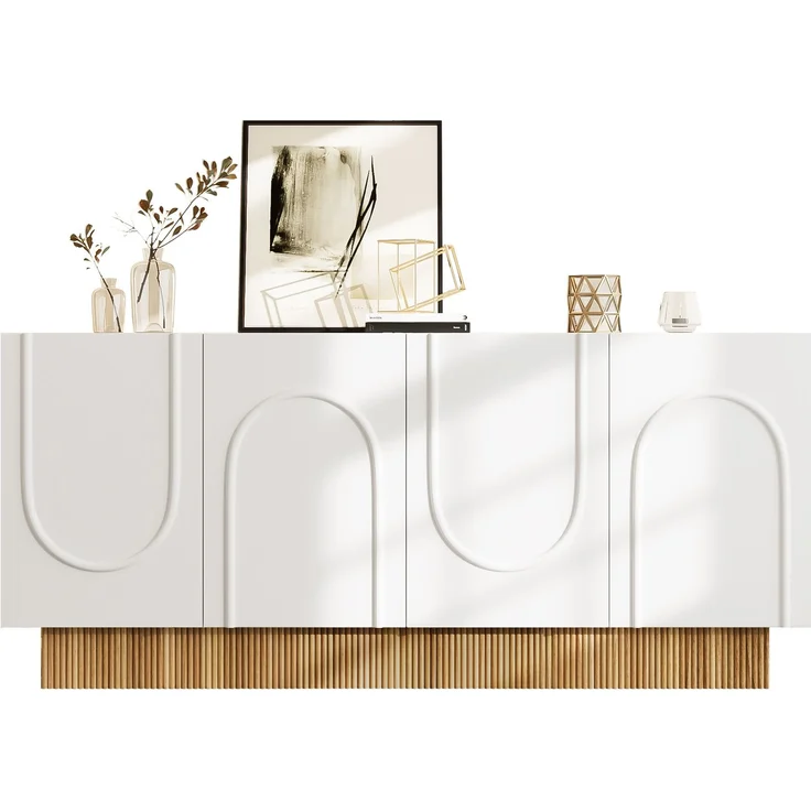 ZUBALIYA Sideboard 160x38x75 cm, mit 4 Türen, aus Spanplatte, Weiß / Holzfarben – Bild 1
