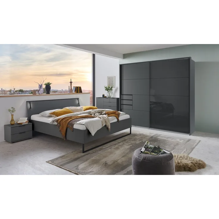 Schlafzimmer-Set >Tilburg< (5tlg.) Bett 168x92x210cm, Schrank, 2 Nachtkommoden, Sideboard, Grafit
