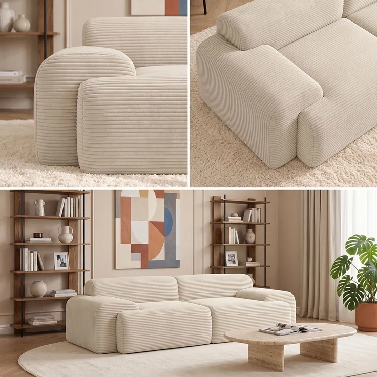 skølm 'Menja' Cloud Sofa 2-tlg, 2er Sitz mit 2 Kissen, Cord beige, Vollschaumcouch mit Federkern und Vakuum-Kompression, kein Aufbau erforderlich – Bild 5