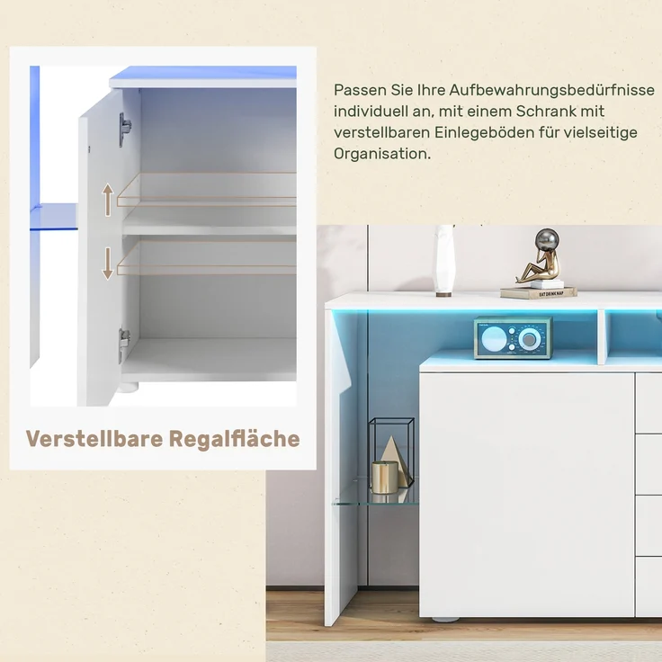 Sideboard Kommode aus Spanplatte mit LED-Beleuchtung, 4 Schubladen & 2 Push-to-Open-Türen, 160x35x70 cm, Weiß – Bild 8