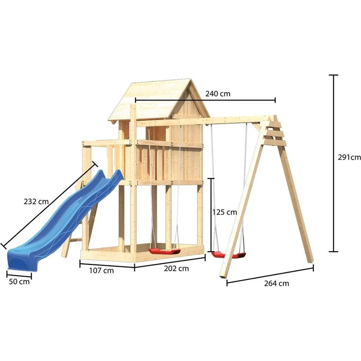 Karibu Kinderspielhaus Frieda Set Aktion2 naturbelassen mit Anbau, Doppelschaukel und Rutsche blau – Bild 7