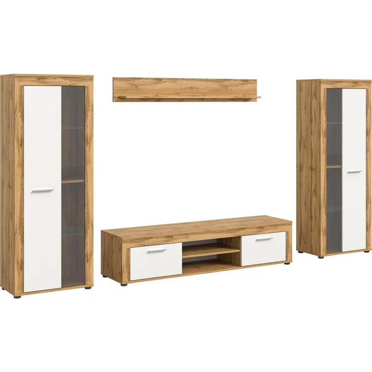 Xonox Wohnwand, Weiß, Holzwerkstoff, 310x159x35 cm, mit Glastüren und Glasböden, FSC®-zertifiziert