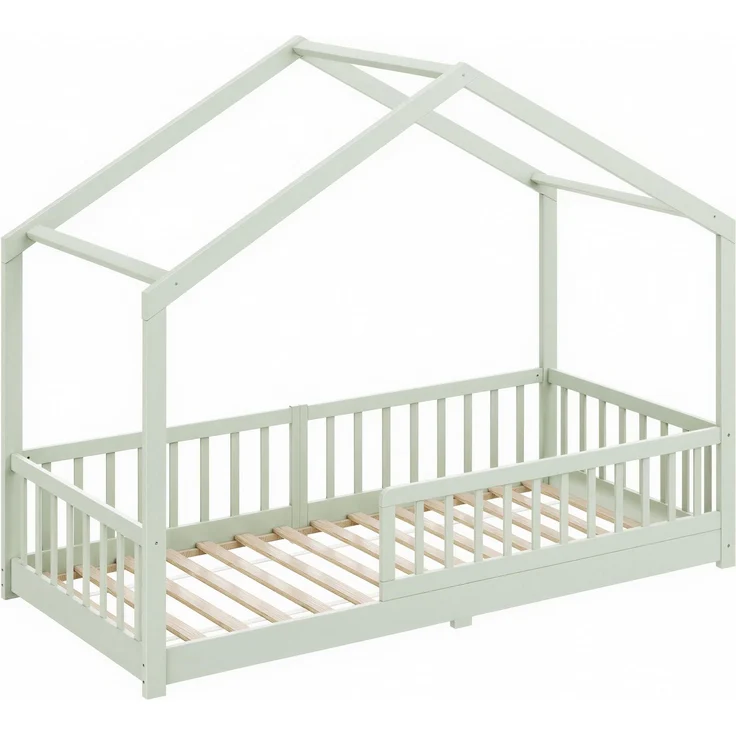 CADANI Malte Kinderbett 90x200 cm, Hausbett mit abnehmbarem Rausfallschutz | Bis 200 kg belastbar, hochwertiger Roll-Lattenrost inklusive, Montessori Bodenbett aus Massivholz Kiefer, einfache Montage
