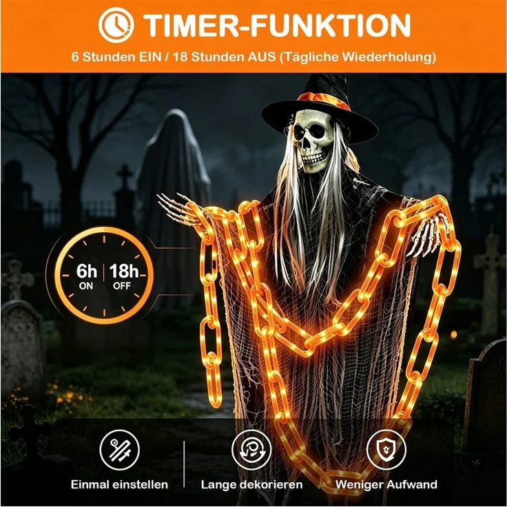 OZAVO LED-Lichterkette Halloween Lichterkette 3,2 m mit 175 LEDs, 8 Lichtmodi &Timer-Funktion, USB & Batteriebetrieben,Halloween Deko für Garten, Veranda, Spukhaus – Bild 4