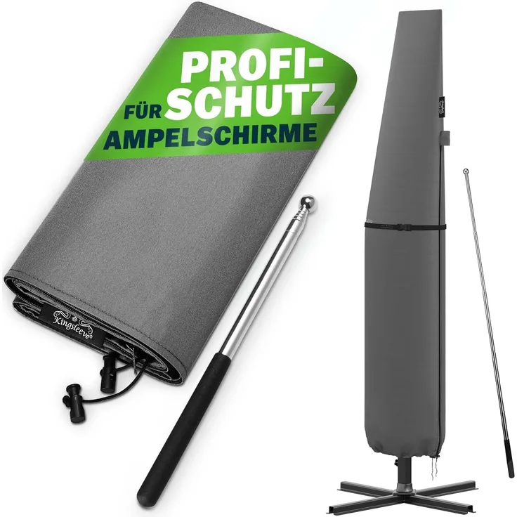 Kingsleeve Sonnenschirm-Schutzhülle, Ampelschirm mit Stab bis Ø 350 cm Wetterdicht Groß Sonnenschirm Grau