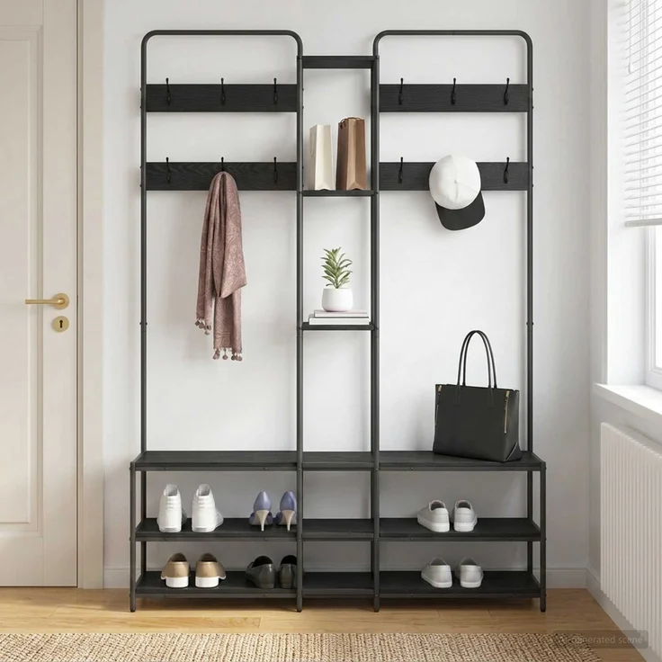 vidaXL Garderobenständer mit Schuhbank Schwarz Eichen-Optik 8012044 – Bild 3