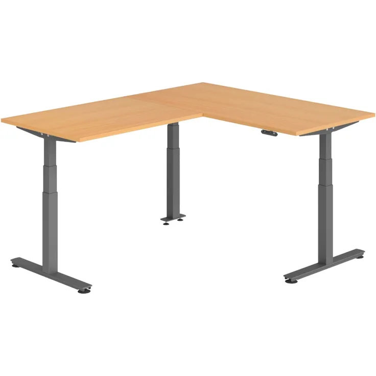 bümö Eckschreibtisch elektrisch höhenverstellbar L-Form: 160 x 200 cm in Buche, Gestell graphit - Stehschreibtisch mit Memory-Steuerung, elektrischer XXL Schreibtisch für die Ecke, XDSMW-1612-6-G