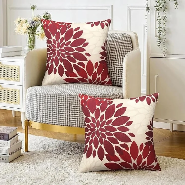 ABC Moderner Sofakissenbezug im Bohème-Stil, 45 x 45 cm, Leinen, quadratisch, abstraktes Astra-Blumenmuster in Rot und Weiß, geeignet für Sofas, Kissen, Schlafzimmer, Wohnzimmer und Stühle (zweiteiliges Set) – Bild 3