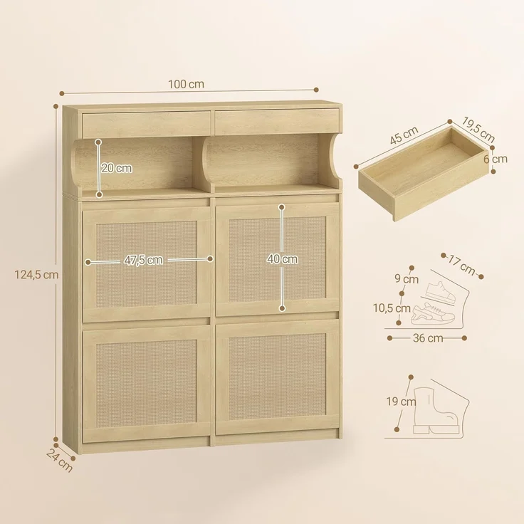 Schuhschrank, Schuhregal Schuhkipper Schmal, Verstellbar, Schuhkommode für Eingang, Flur, Garderobe, 20 Paar, 4 Klappen (100B cm), Gelb – Bild 9