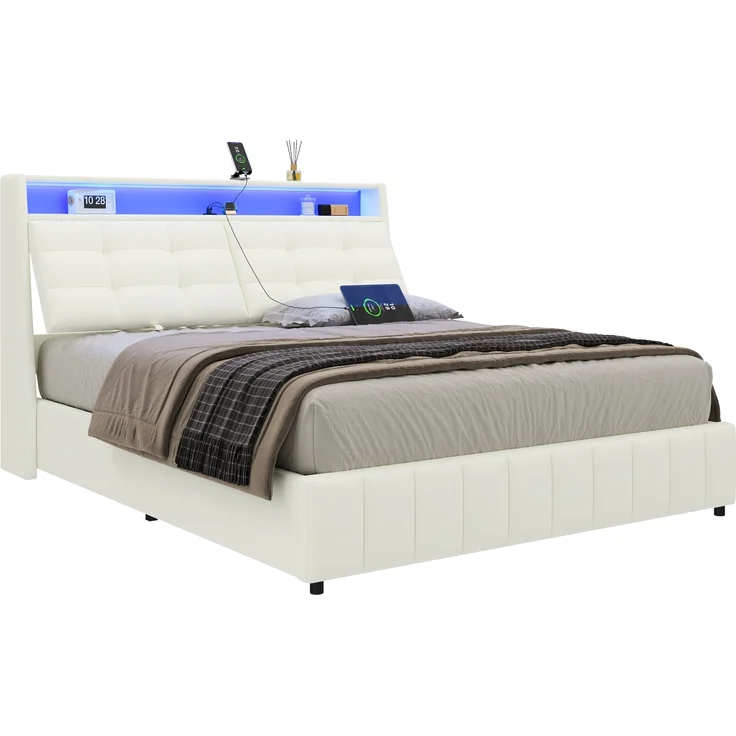 Gepolstertes Plattformbett, LED-Licht USB-Anschluss Stauraum unter dem Bett verstellbare Kopfteilkissen, Polsterstoff, Weiß, 160 x 200 cm – Bild 5