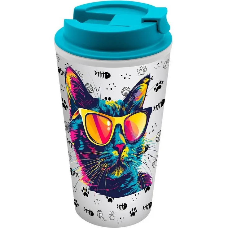 Geda Labels GmbH Coffee-to-go-Becher Cool Cat, 1-tlg, PP, Türkis, 400ml, doppelwandig