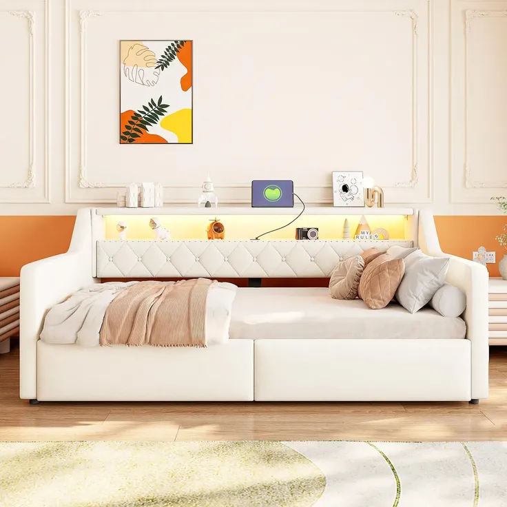 Schlafsofa mit LED-Beleuchtung und Aufbewahrung, Polsterbett mit Lattenrost, 90x200 cm, Einzelbett, Jugendbett, Leinen – Bild 2
