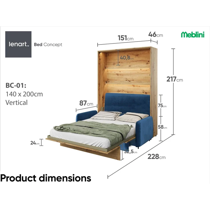 MEBLINI Schrankbett BC-01 - 140x200cm Vertikal - Artisan Eiche/Blau - mit Sofa - Wandbett mit Lattenrost - Klappbett mit Schrank - Wandklappbett - Murphy Bed – Bild 7