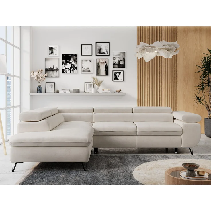 Mks Möbel 'Peter L-form' Ecksofa mit Bettfunktion, Bettkasten & einstellbaren Kopfstützen, Hellbeige, Mikrofaser, mit Topper, links – Bild 4