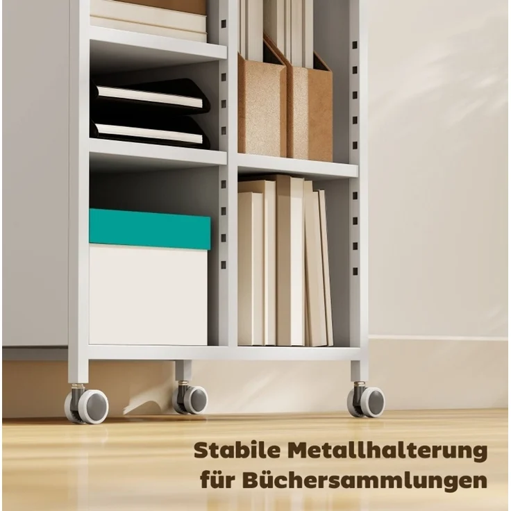 Bücherregal aus Metall auf Rollen mit verstellbaren Böden, 53x34x69,5 cm, Weiß – Bild 5