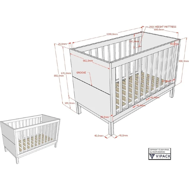 EVA Artikel-Set 4-tlg. best aus, Kommode mit Wickelaufsatz, Babybett 60x120 cm, Kleiderschrank 2-trg. – Bild 8
