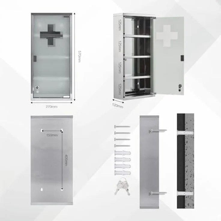 Zedelmaier Medizinschrank aus Edelstahl,Medikamenten Aufbewahrung,Medikamentenschrank 4 Fächer,Apothekerschrank,Hängend,Abschließbarer Medizinschrank,57 x 27 x 12 cm,Weiß – Bild 8