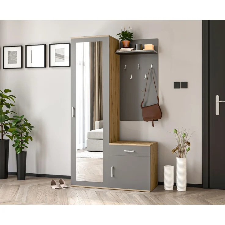 AX LIVING Garderobe mit Spiegel Magnola – 100 cm breit, Artisan & Grau – Bild 1