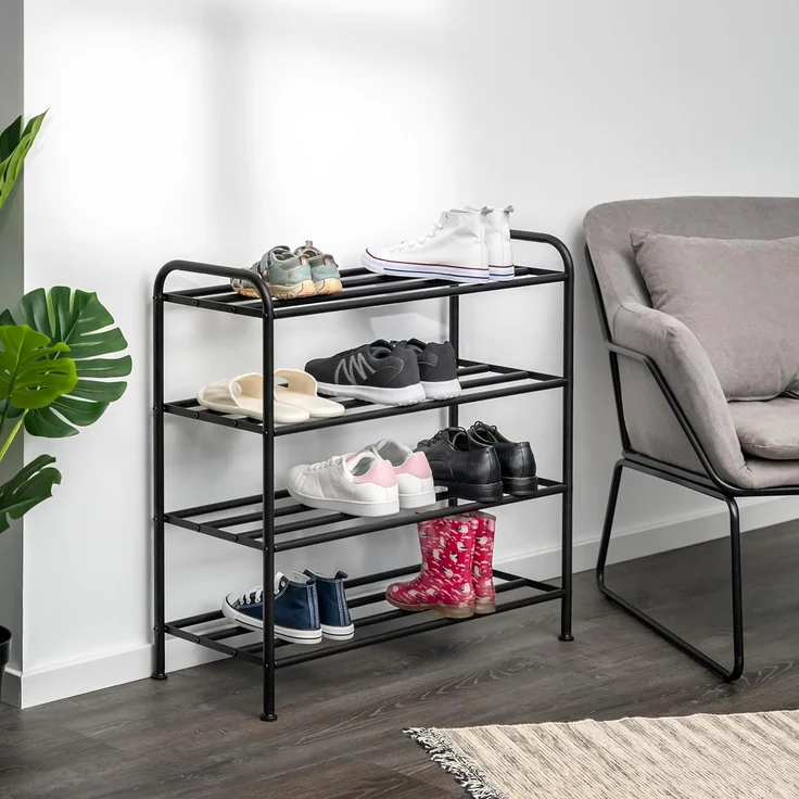 Schuhregal für 16 Paar Schuhe aus mattschwarzem Metall mit 4 Ablagen – Bild 2