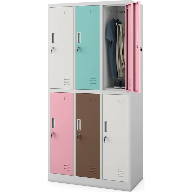 Jan Nowak Umkleideschrank Metall, Spindschrank mit 6 Fächern, abschließbar | Personalschrank mit 6 abschließbaren Abteilen, Kleiderstangen, Lüftung, Namensschildhaltern, Wandmontage, 185 x 90 x 45 cm